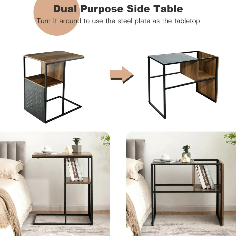 C Shape Sofa Side End Table with Wooden Shelf-Brown - Brown - End & Side Tables