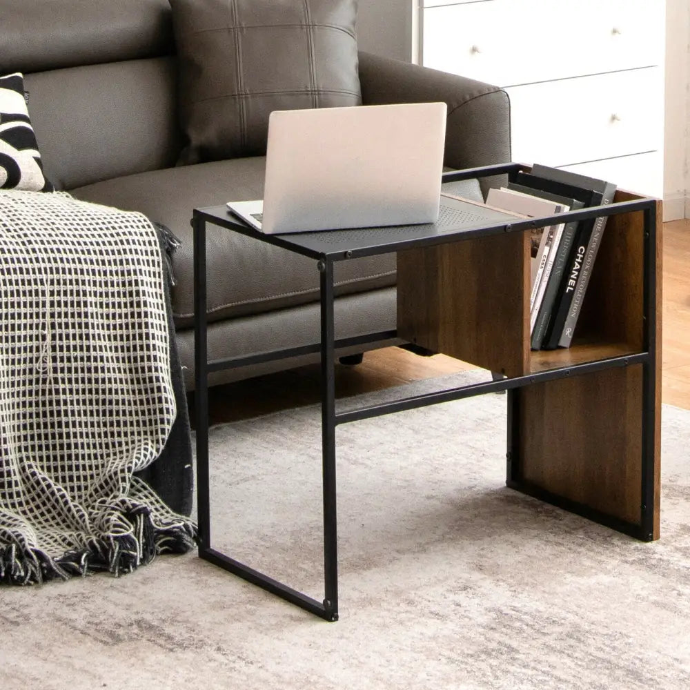 C Shape Sofa Side End Table with Wooden Shelf-Brown - Brown - End & Side Tables