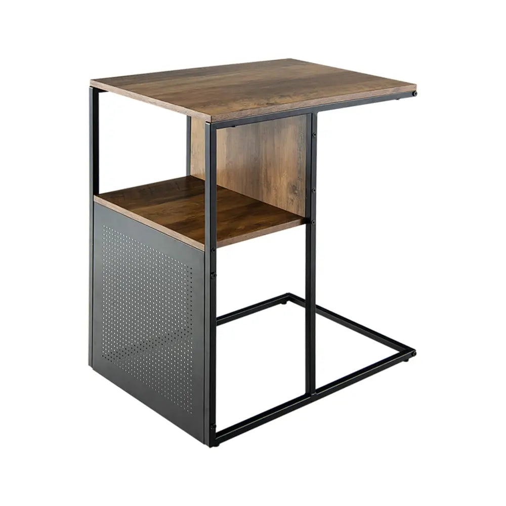 C Shape Sofa Side End Table with Wooden Shelf-Brown - Brown - End & Side Tables