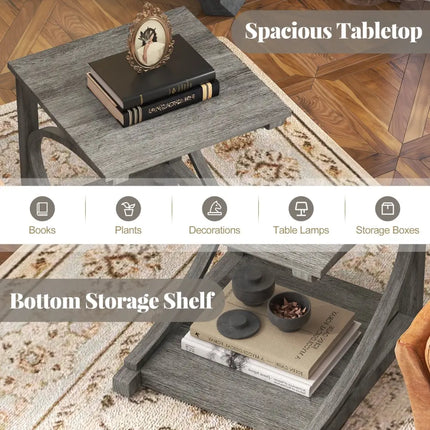 C-shaped 24 Inch 2 Tier Square End Table Sofa Side Table-Grey - Gray - End & Side Tables