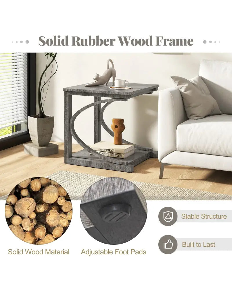 C-shaped 24 Inch 2 Tier Square End Table Sofa Side Table-Grey - Gray - End & Side Tables