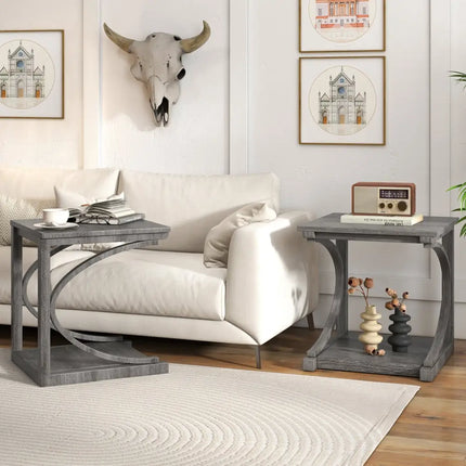 C-shaped 24 Inch 2 Tier Square End Table Sofa Side Table-Grey - Gray - End & Side Tables