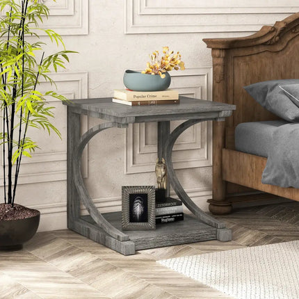 C-shaped 24 Inch 2 Tier Square End Table Sofa Side Table-Grey - Gray - End & Side Tables