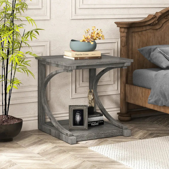 C-shaped 24 Inch 2 Tier Square End Table Sofa Side Table-Grey - Gray - End & Side Tables