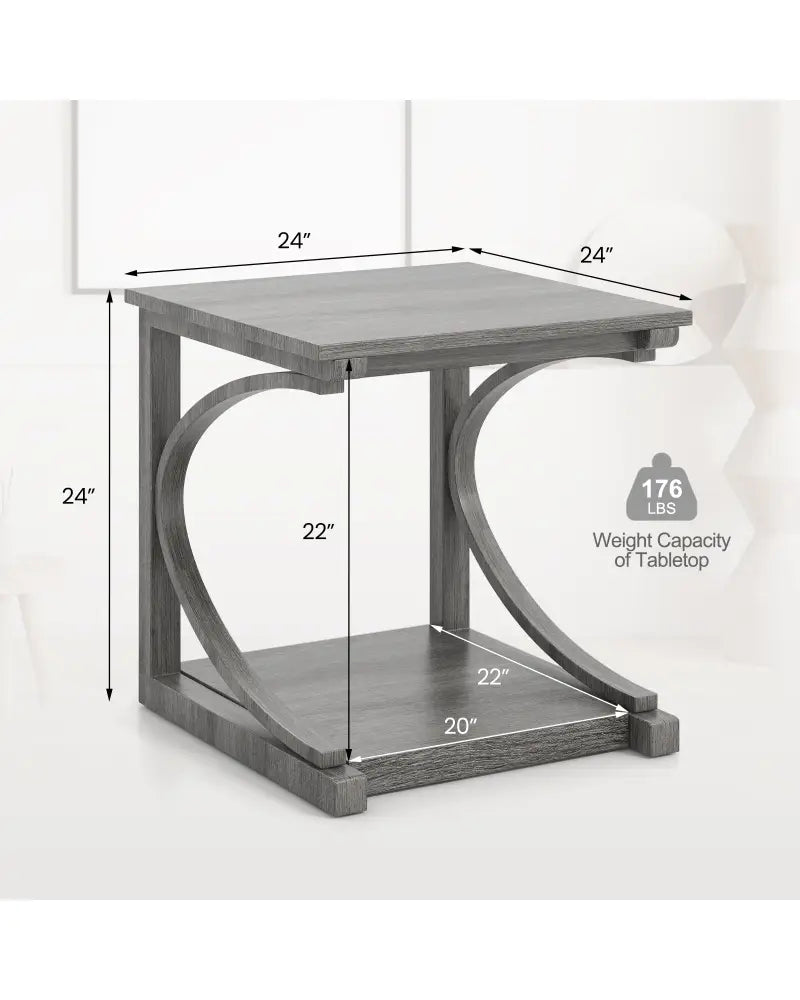 C-shaped 24 Inch 2 Tier Square End Table Sofa Side Table-Grey - Gray - End & Side Tables