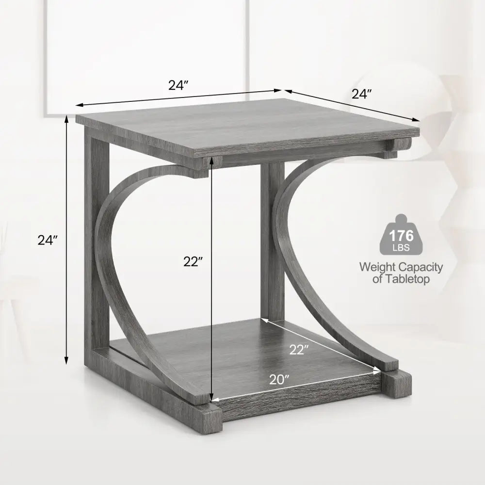 C-shaped 24 Inch 2 Tier Square End Table Sofa Side Table-Grey - Gray - End & Side Tables