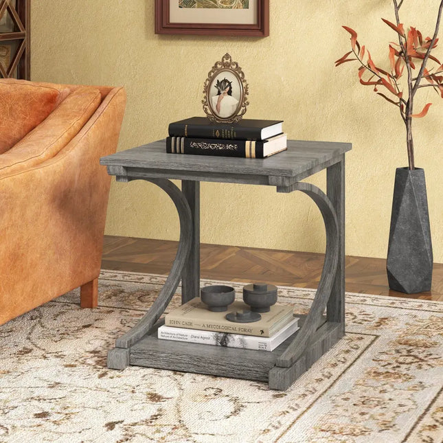 C-shaped 24 Inch 2 Tier Square End Table Sofa Side Table-Grey - Gray - End & Side Tables