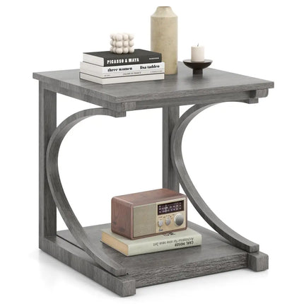 C-shaped 24 Inch 2 Tier Square End Table Sofa Side Table-Grey - Gray - End & Side Tables