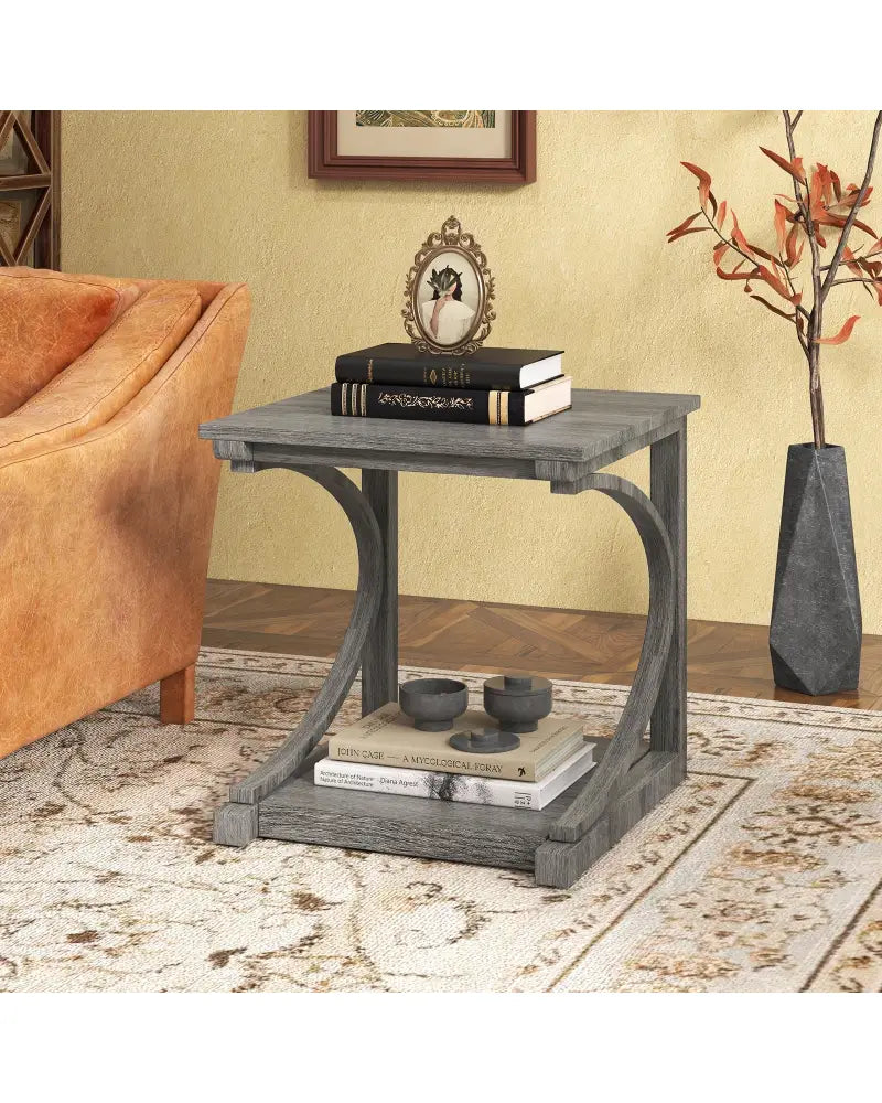 C-shaped 24 Inch 2 Tier Square End Table Sofa Side Table-Grey - Gray - End & Side Tables