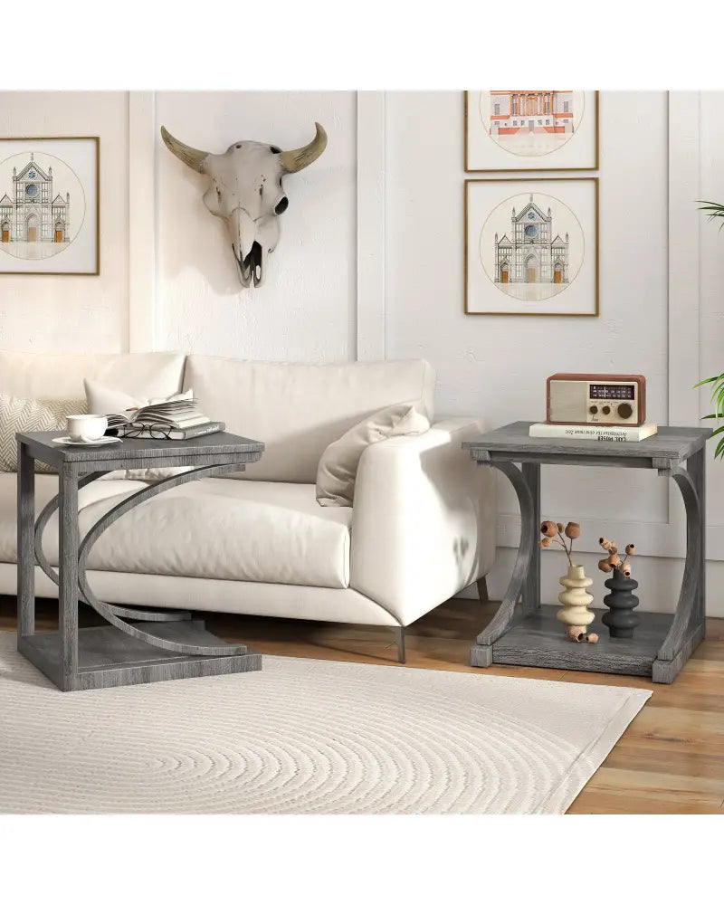 C-shaped 24 Inch 2 Tier Square End Table Sofa Side Table-Grey - Gray - End & Side Tables