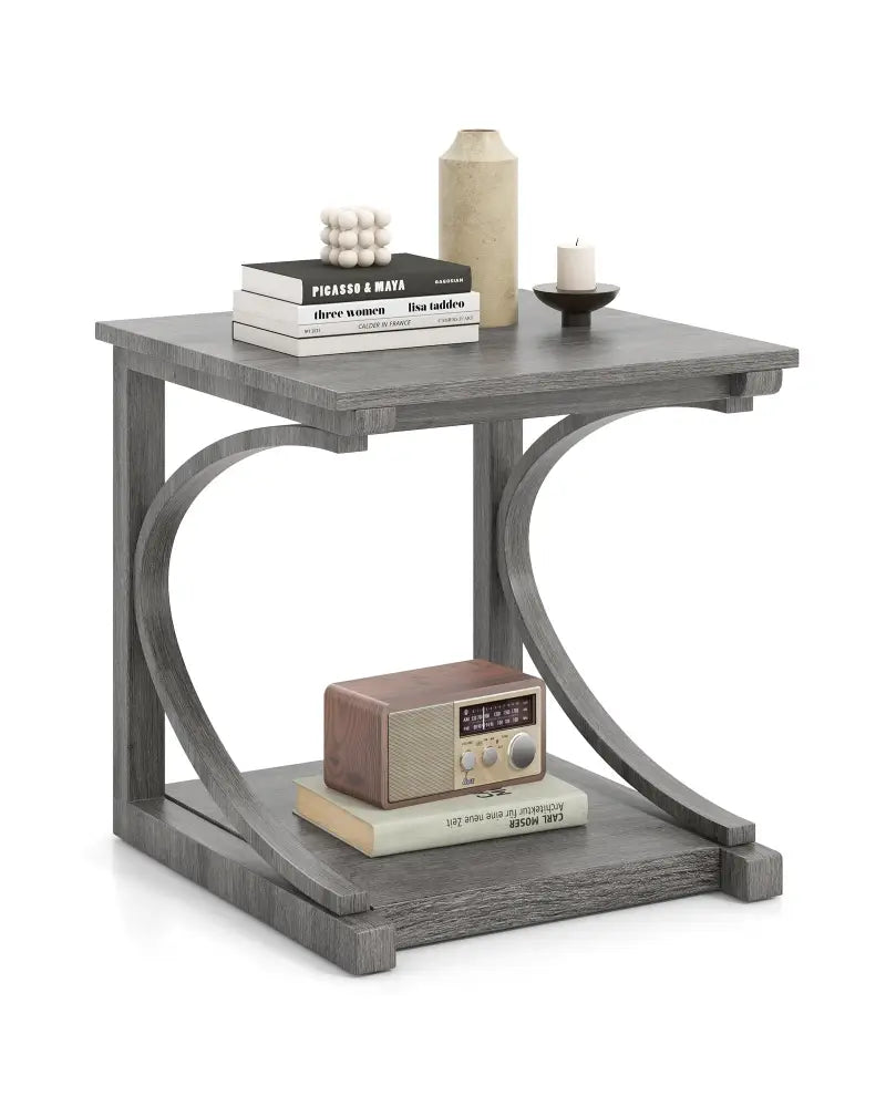 C-shaped 24 Inch 2 Tier Square End Table Sofa Side Table-Grey - Gray - End & Side Tables