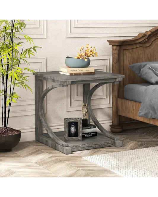 C-shaped 24 Inch 2 Tier Square End Table Sofa Side Table-Grey - Gray - End & Side Tables