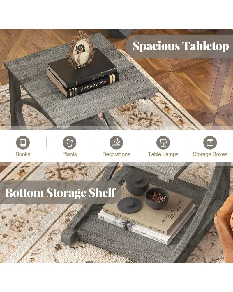 C-shaped 24 Inch 2 Tier Square End Table Sofa Side Table-Grey - Gray - End & Side Tables