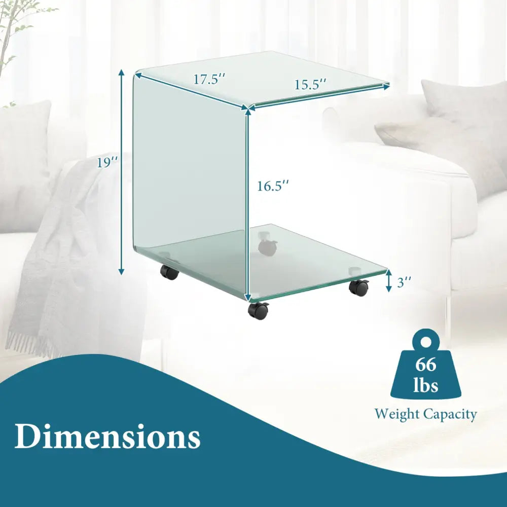 C-Shaped End Table Modern Tempered Glass Side Table with Shelf-Transparent - Transparent - End & Side Tables