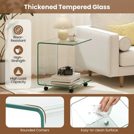 C-Shaped End Table Modern Tempered Glass Side Table with Shelf-Transparent - Transparent - End & Side Tables