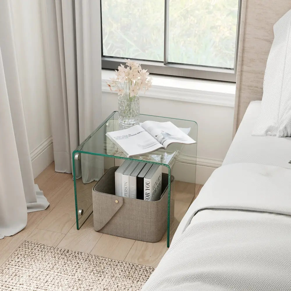 C-Shaped End Table Modern Tempered Glass Side Table with Shelf-Transparent - Transparent - End & Side Tables