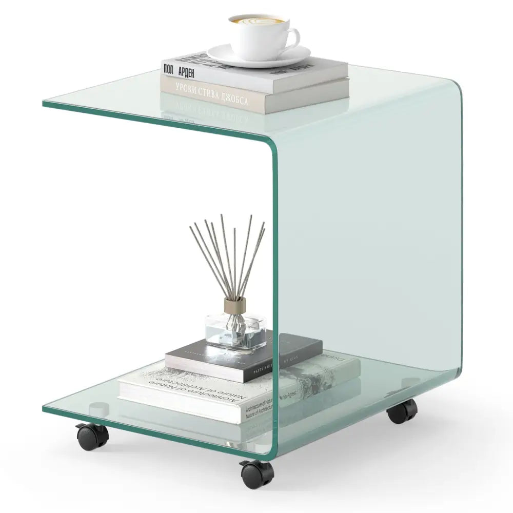 C-Shaped End Table Modern Tempered Glass Side Table with Shelf-Transparent - Transparent - End & Side Tables