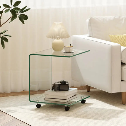 C-Shaped End Table Modern Tempered Glass Side Table with Shelf-Transparent - Transparent - End & Side Tables