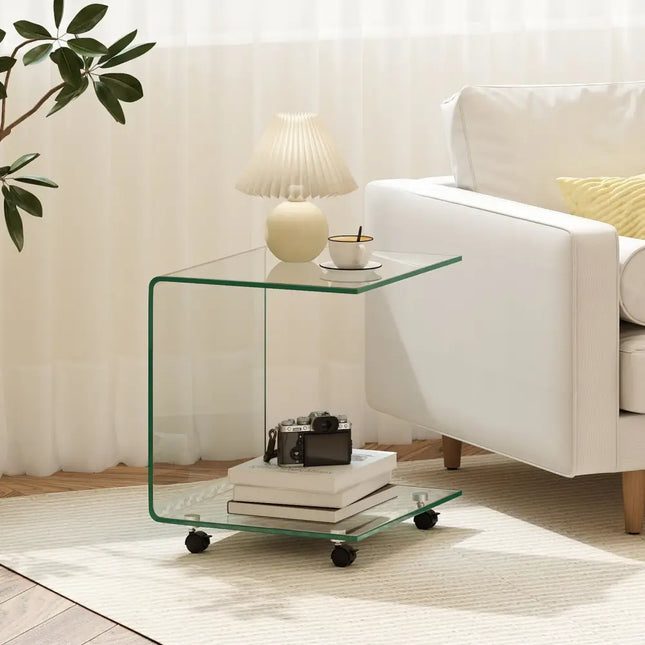 C-Shaped End Table Modern Tempered Glass Side Table with Shelf-Transparent - Transparent - End & Side Tables