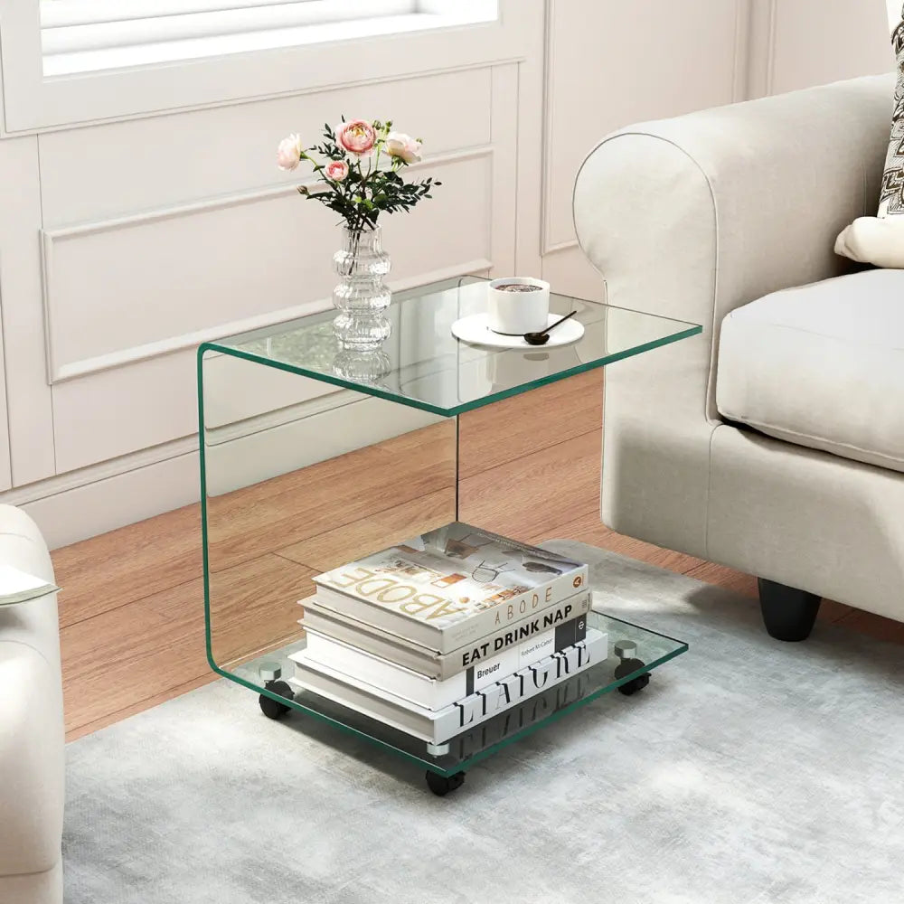 C-Shaped End Table Modern Tempered Glass Side Table with Shelf-Transparent - Transparent - End & Side Tables