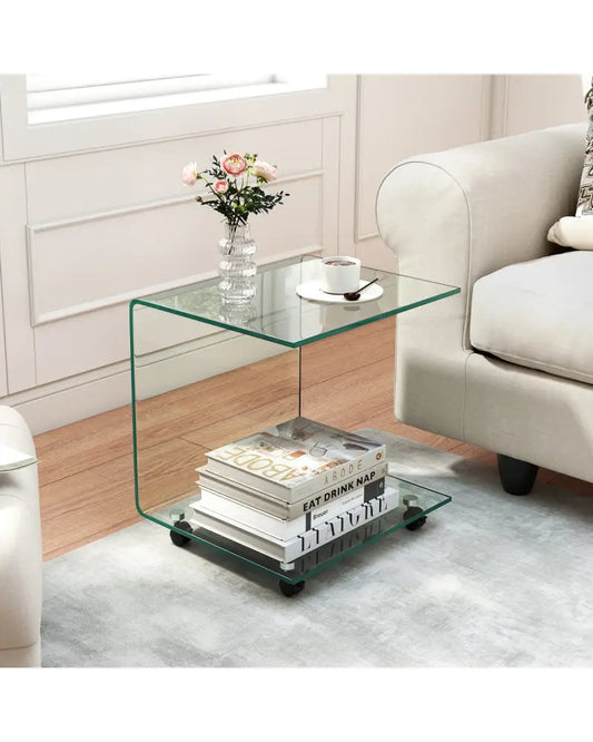 C-Shaped End Table Modern Tempered Glass Side Table with Shelf-Transparent - Transparent - End & Side Tables