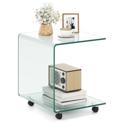 C-Shaped End Table Modern Tempered Glass Side Table with Shelf-Transparent - Transparent - End & Side Tables