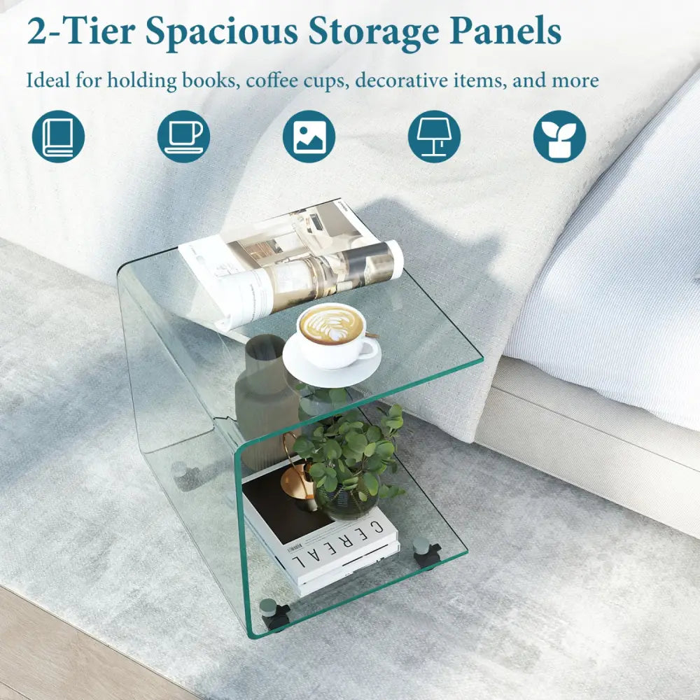 C-Shaped End Table Modern Tempered Glass Side Table with Shelf-Transparent - Transparent - End & Side Tables