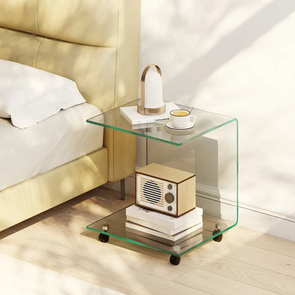 C-Shaped End Table Modern Tempered Glass Side Table with Shelf-Transparent - Transparent - End & Side Tables