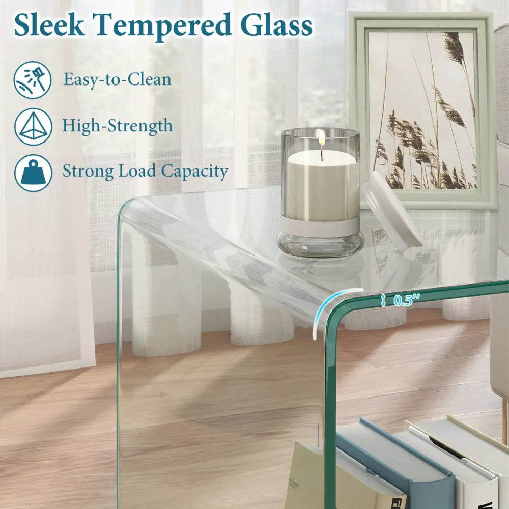 C-Shaped End Table Modern Tempered Glass Side Table with Shelf-Transparent - Transparent - End & Side Tables