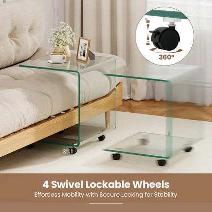 C-Shaped End Table Modern Tempered Glass Side Table with Shelf-Transparent - Transparent - End & Side Tables