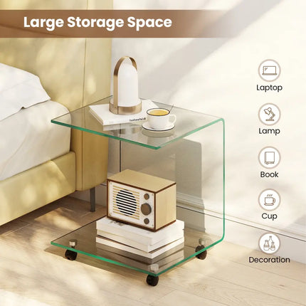 C-Shaped End Table Modern Tempered Glass Side Table with Shelf-Transparent - Transparent - End & Side Tables