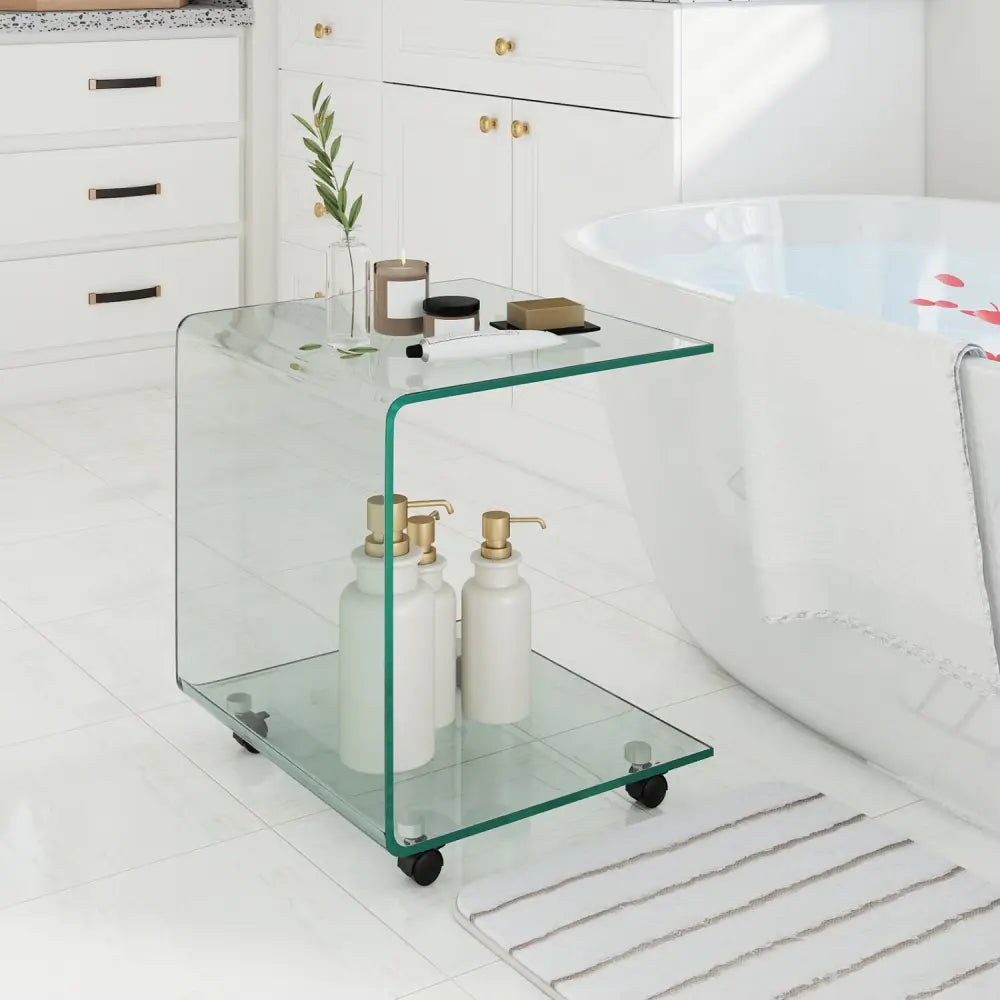 C-Shaped End Table Modern Tempered Glass Side Table with Shelf-Transparent - Transparent - End & Side Tables