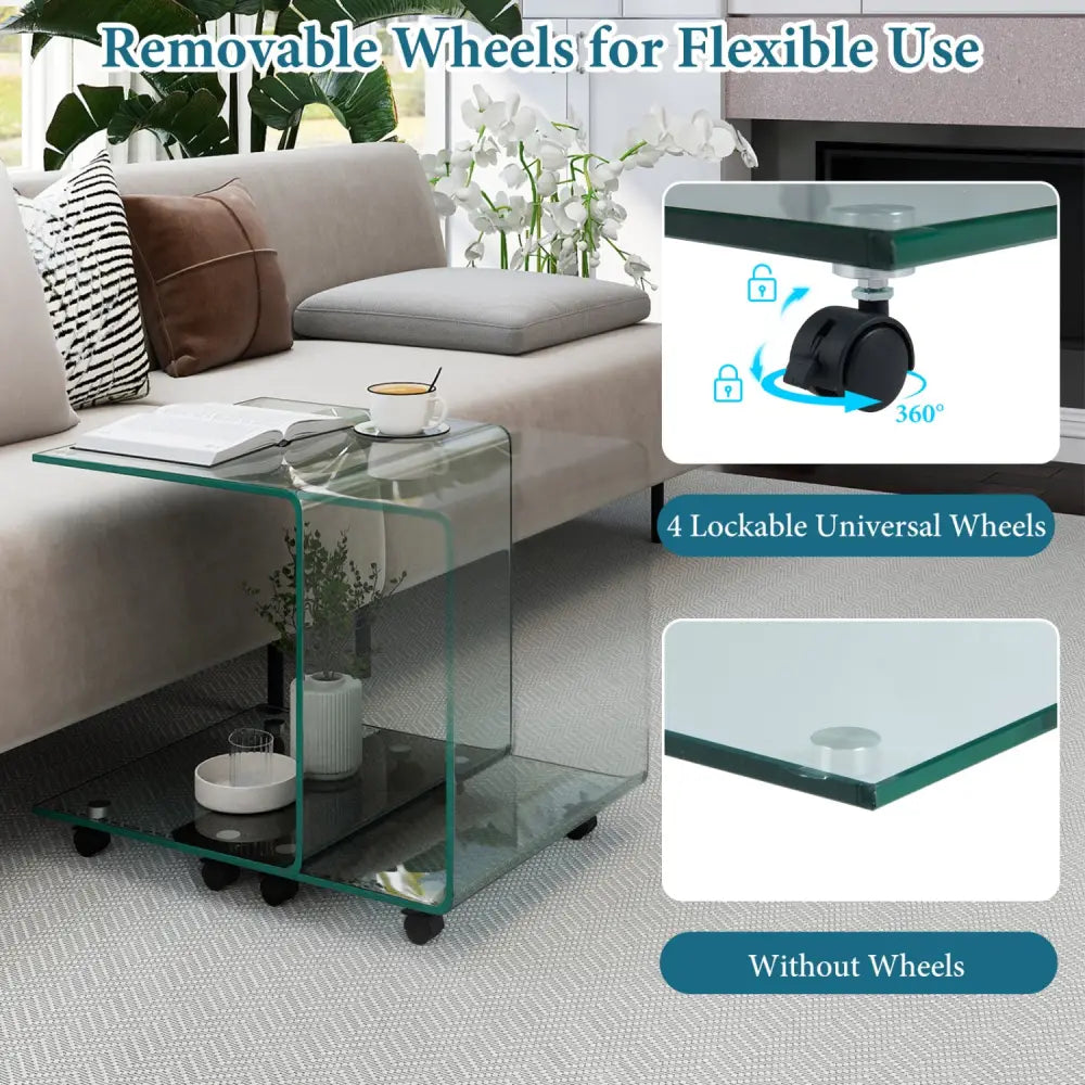 C-Shaped End Table Modern Tempered Glass Side Table with Shelf-Transparent - Transparent - End & Side Tables