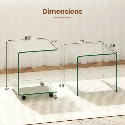 C-Shaped End Table Modern Tempered Glass Side Table with Shelf-Transparent - Transparent - End & Side Tables