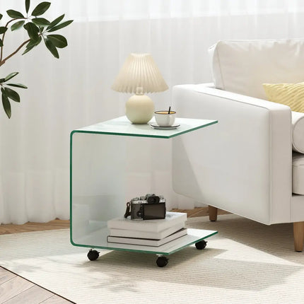 C-Shaped End Table Modern Tempered Glass Side Table with Shelf-White - White - End & Side Tables