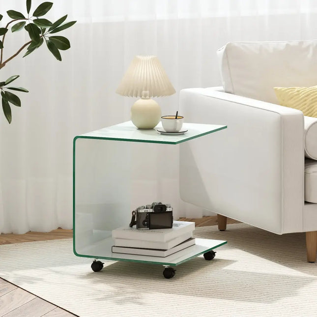 C-Shaped End Table Modern Tempered Glass Side Table with Shelf-White - White - End & Side Tables