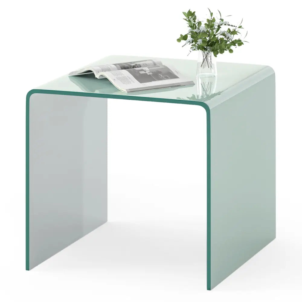 C-Shaped End Table Modern Tempered Glass Side Table with Shelf-White - White - End & Side Tables