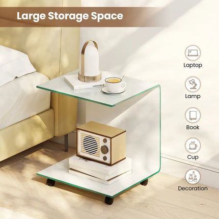 C-Shaped End Table Modern Tempered Glass Side Table with Shelf-White - White - End & Side Tables