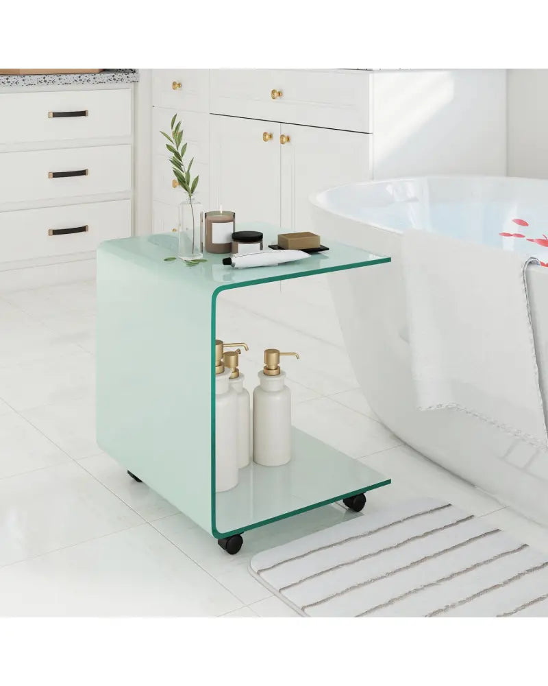 C-Shaped End Table Modern Tempered Glass Side Table with Shelf-White - White - End & Side Tables