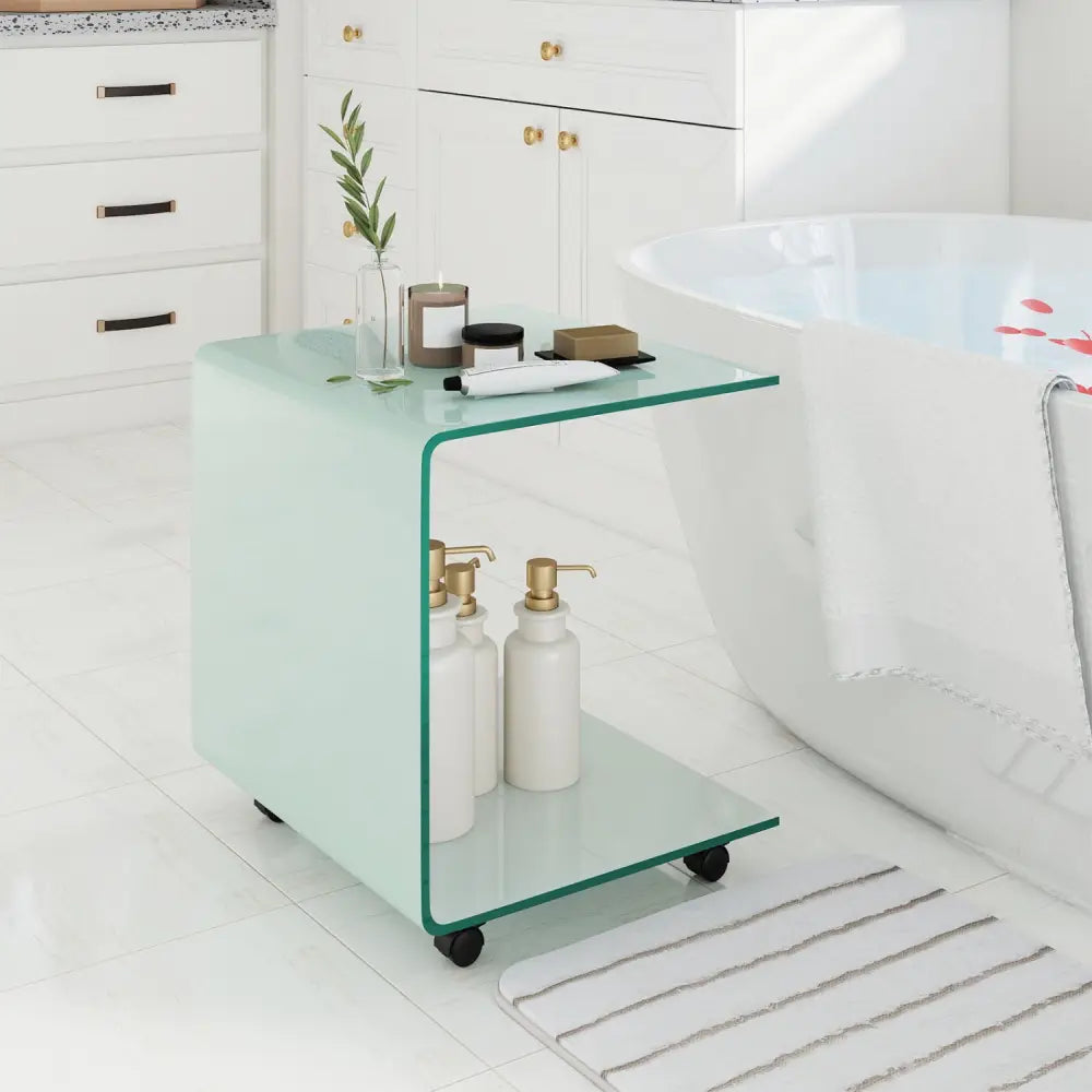 C-Shaped End Table Modern Tempered Glass Side Table with Shelf-White - White - End & Side Tables