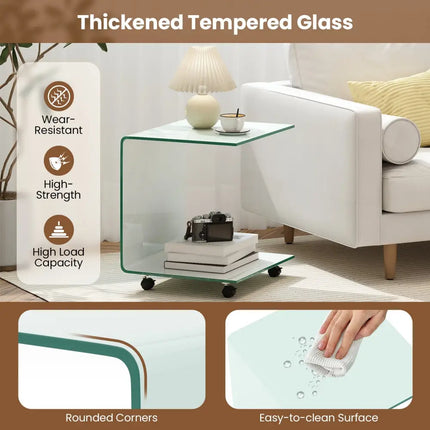 C-Shaped End Table Modern Tempered Glass Side Table with Shelf-White - White - End & Side Tables
