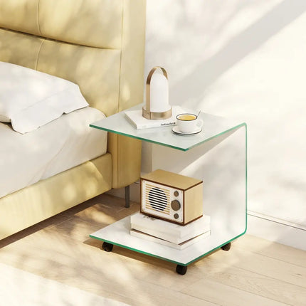 C-Shaped End Table Modern Tempered Glass Side Table with Shelf-White - White - End & Side Tables