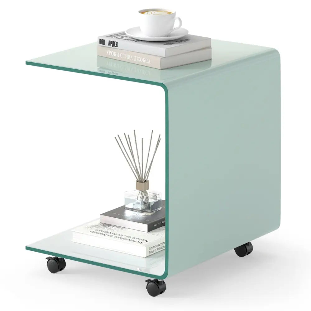 C-Shaped End Table Modern Tempered Glass Side Table with Shelf-White - White - End & Side Tables