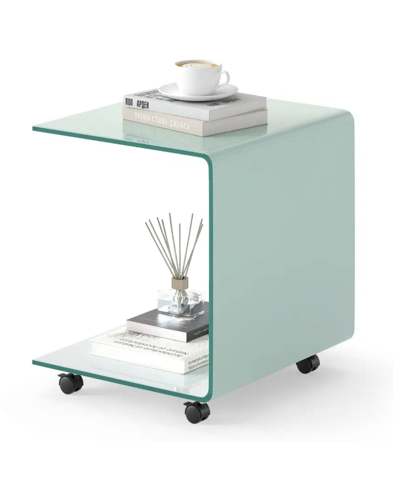 C-Shaped End Table Modern Tempered Glass Side Table with Shelf-White - White - End & Side Tables