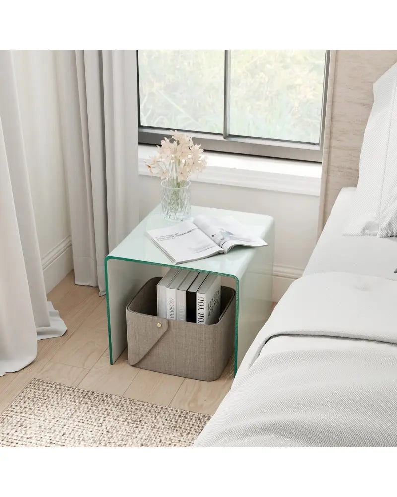 C-Shaped End Table Modern Tempered Glass Side Table with Shelf-White - White - End & Side Tables