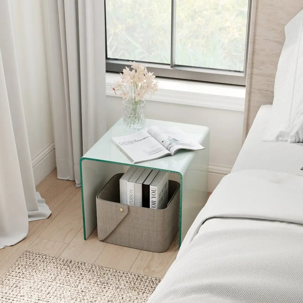 C-Shaped End Table Modern Tempered Glass Side Table with Shelf-White - White - End & Side Tables