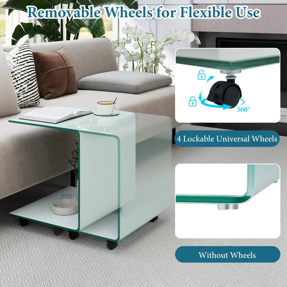 C-Shaped End Table Modern Tempered Glass Side Table with Shelf-White - White - End & Side Tables