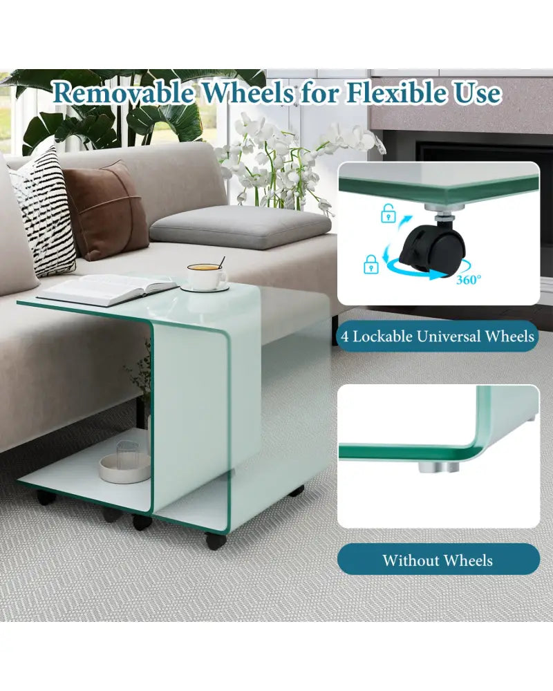 C-Shaped End Table Modern Tempered Glass Side Table with Shelf-White - White - End & Side Tables