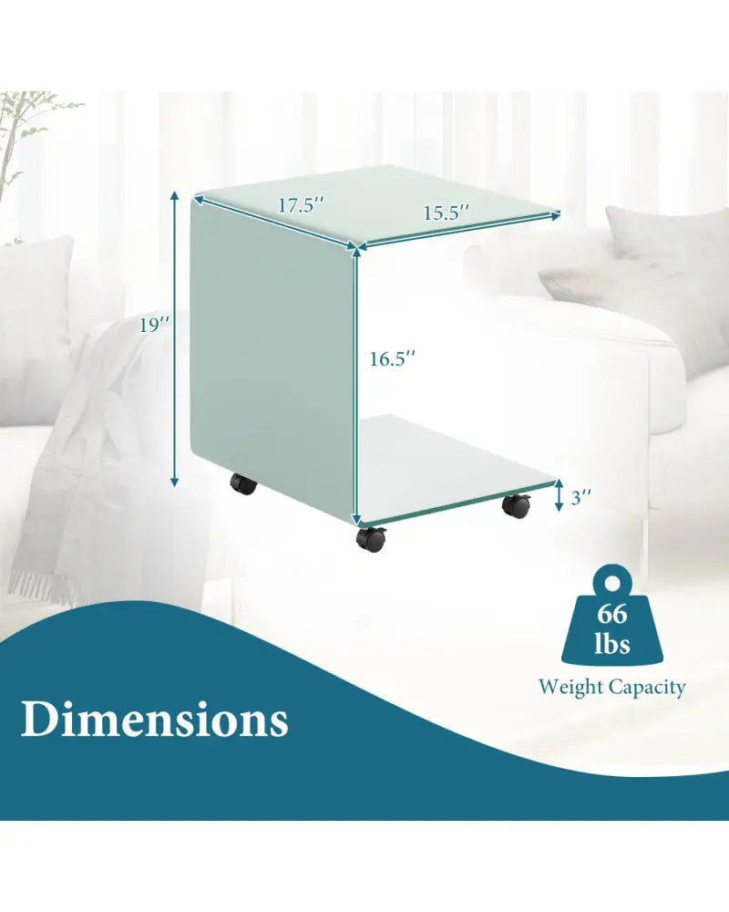 C-Shaped End Table Modern Tempered Glass Side Table with Shelf-White - White - End & Side Tables