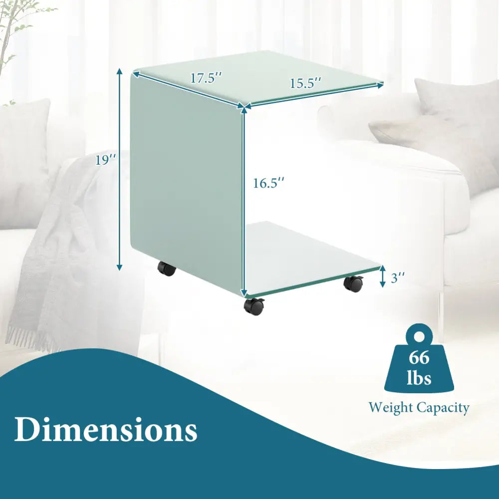C-Shaped End Table Modern Tempered Glass Side Table with Shelf-White - White - End & Side Tables